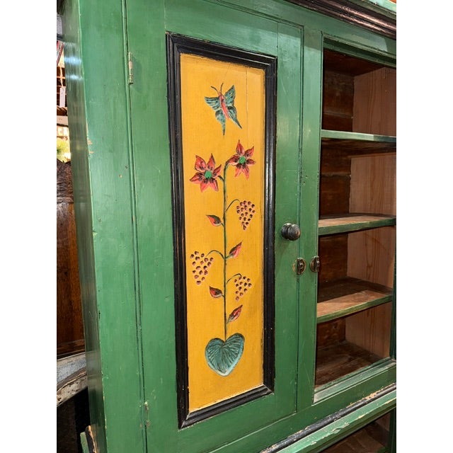 Farmhouse Early 20th Century Green Painted Two-Piece Folk Art Cupboard For Sale - Image 3 of 12