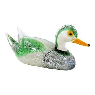 1980s Large Art Glass Duck Sculpture Green Gray Black Attributed to Murano Formia For Sale