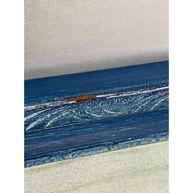 Cornflower Blue Vintage Naïve Figurative Painting of Woman With Umbrella For Sale - Image 8 of 11