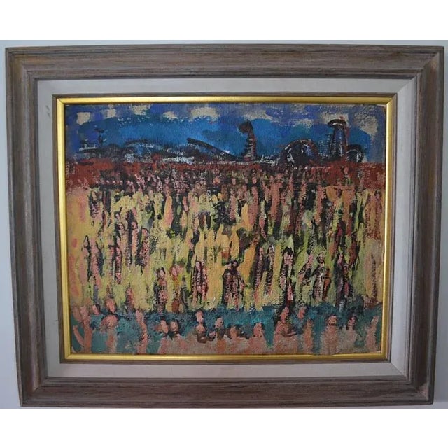 Frank Kleinholz oil on paper depicting Coney Island with large crowd in foreground, in original frame. Other paintings by...