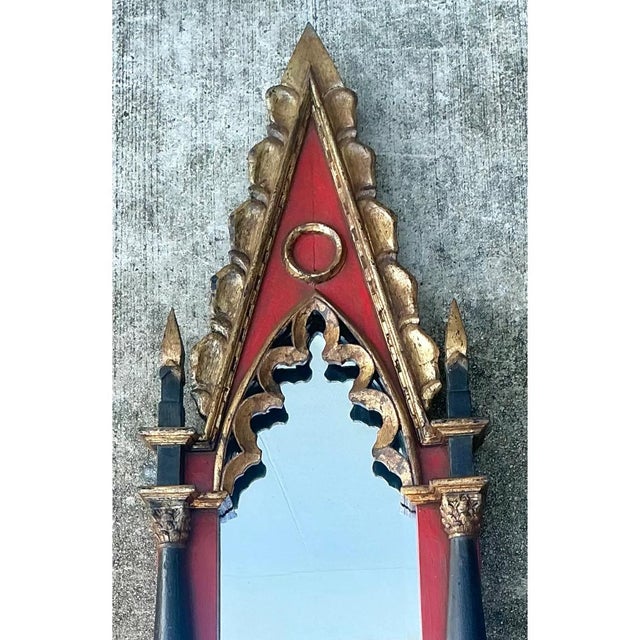 Victorian Vintage Gothic Revival Wood and Mirrored Glass Wall Mirror For Sale - Image 3 of 12
