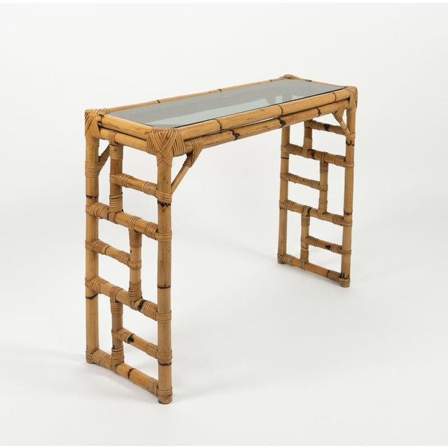 Mid-Century Modern Mid-Century Bamboo, Rattan and Glass Console Table from Vivai del Sud, Italy, 1970s For Sale - Image 3 of 12
