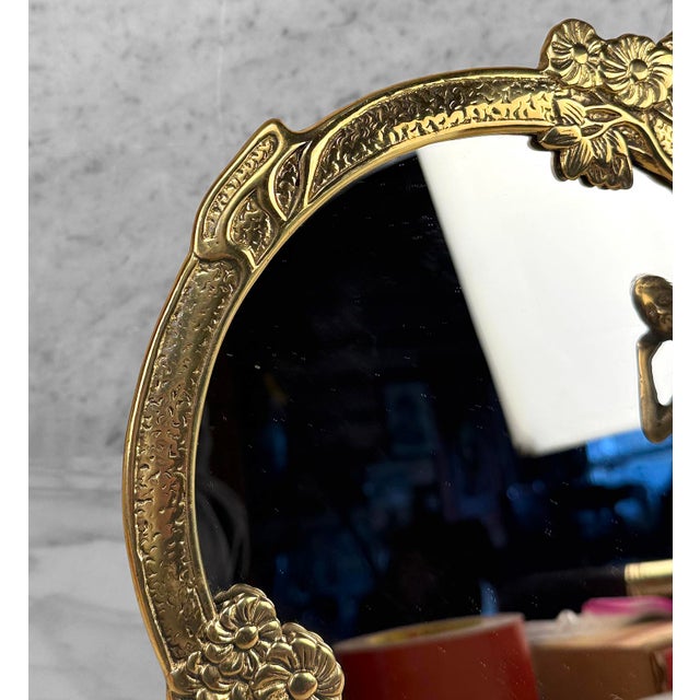 Vintage Art Nouveau Brass Women Round Vanity Table Mirror For Sale - Image 6 of 7