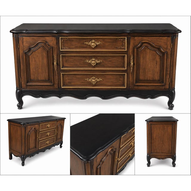 Vintage French Provincial Sideboard Buffet – Black Satin Top & Skirt, Tobacco Wood Finish, Gilt Hardware – 60” For Sale - Image 10 of 12