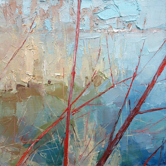 This oil painting captures the essence of spring with its vibrant red branches contrasting against a soothing backdrop of...