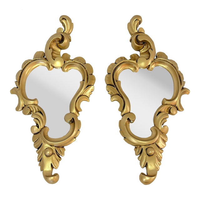 Vintage Sweet Petite Gold Scroll Wall Mirrors- A Pair For Sale