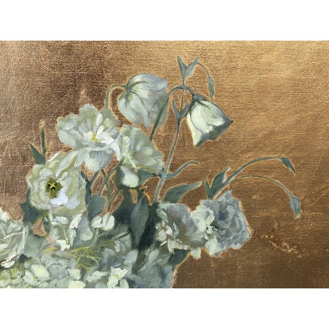 Striking floral still life painting by Houston based artist Nancy Paris Pruden. The work features a vase of lilies and...