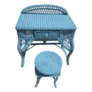 Mid 20th Century Vintage BoHo Chic Wicker Rattan Desk and Stool - Set of 2 For Sale