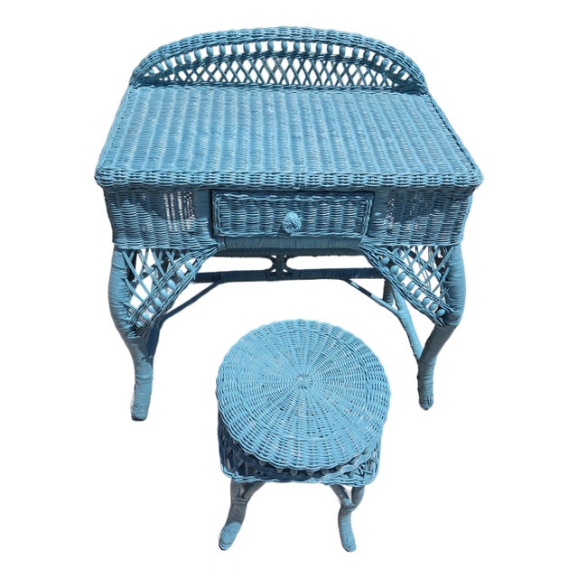 Mid 20th Century Vintage BoHo Chic Wicker Rattan Desk and Stool - Set of 2 For Sale