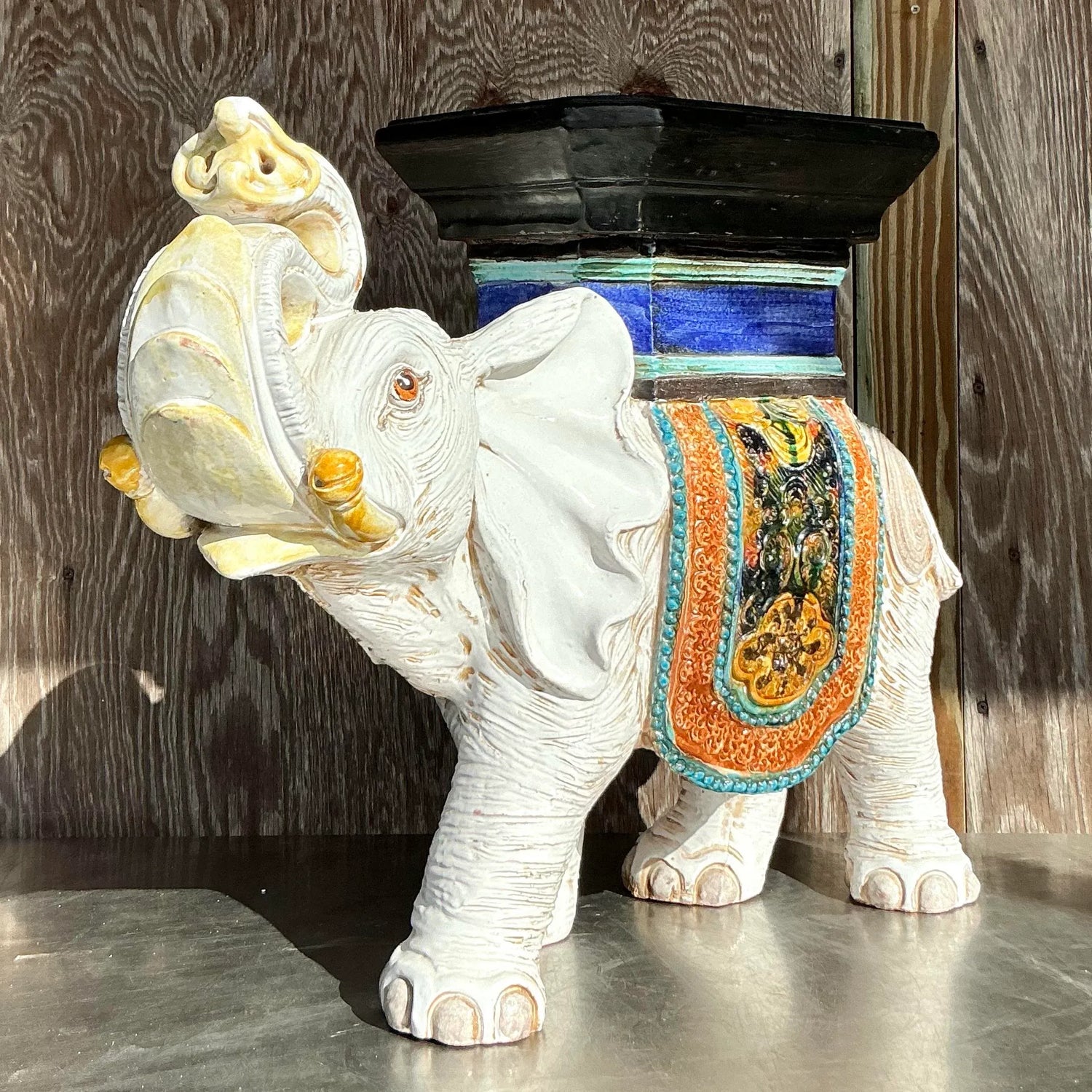 Vintage Boho Glazed Ceramic Elephant Low Stool - Back view