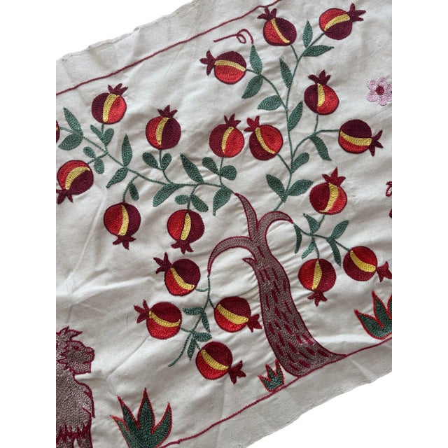 Mid-Century Modern Lion Suzani Wall Hanging, Pomegranate Tree For Sale - Image 3 of 6