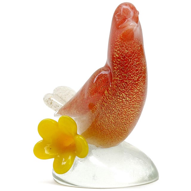 Mid 20th Century Seguso Murano Vintage Orange White Gold Flecks Yellow Flower Italian Art Glass Mid Century Bird Sculpture For Sale - Image 5 of 5