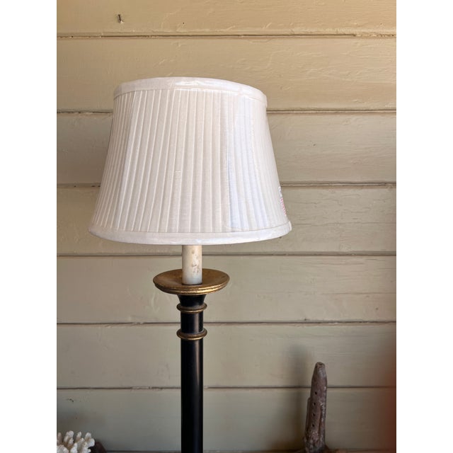 Mid-Century Modern Vintage Italian Wooden Ebonized & Parcel Gilt Tall Table Lamp With New Drum Shade For Sale - Image 3 of 15