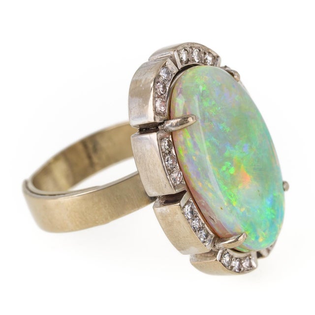 Modern 18k White Gold Australian Opal & Diamond Statement Cocktail Ring Vintage For Sale - Image 3 of 9