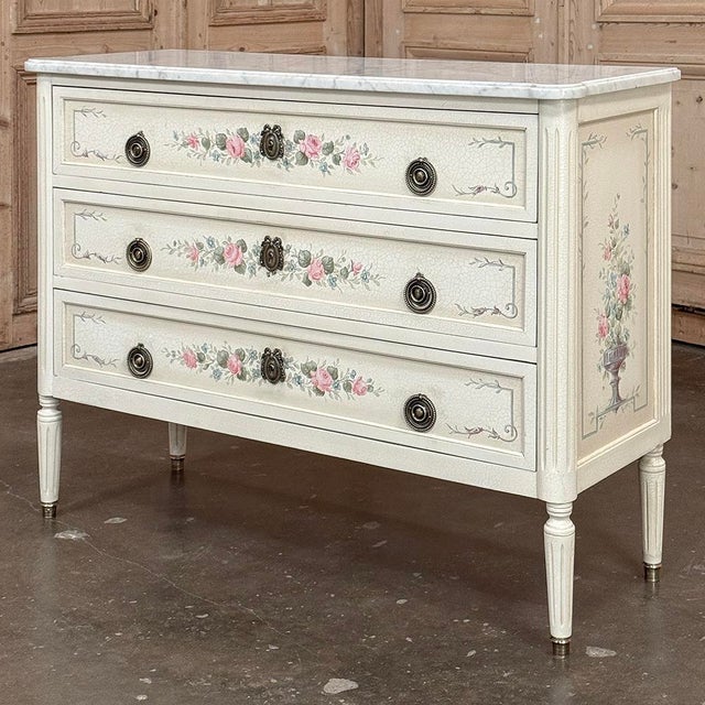 French French Louis XVI Painted Commode With Carrara Marble For Sale - Image 3 of 18