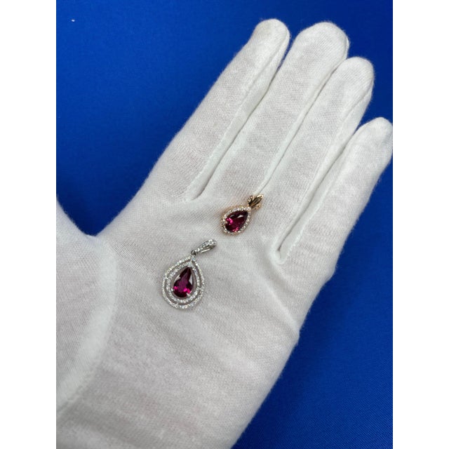 Early 21st Century Pear Drop Shape Brilliant Cut Rubellite Pink Tourmaline Halo Set Diamond 14 Karat For Sale - Image 5 of 6