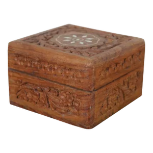 Mid 20th Century Indian Sheesham Rosewood Carved Inlaid Square Floral Jewelry Keepsake Box
