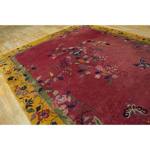 Art Deco 1920s Red Floral Birds Antique Chinese Art Deco Carpet 9'x12' Knotted Wool Rug For Sale - Image 3 of 7