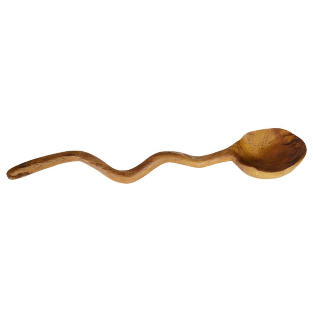 Vintage Large Hand Carved Wavy Curve Irregular Handle Spoon Ladle For Sale