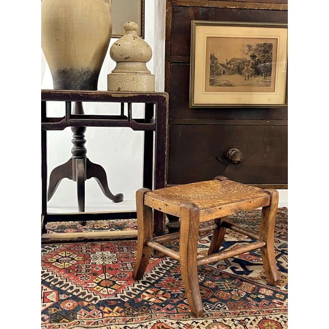 Textile Petite Antique Primitive French Rush Footstool For Sale - Image 7 of 10