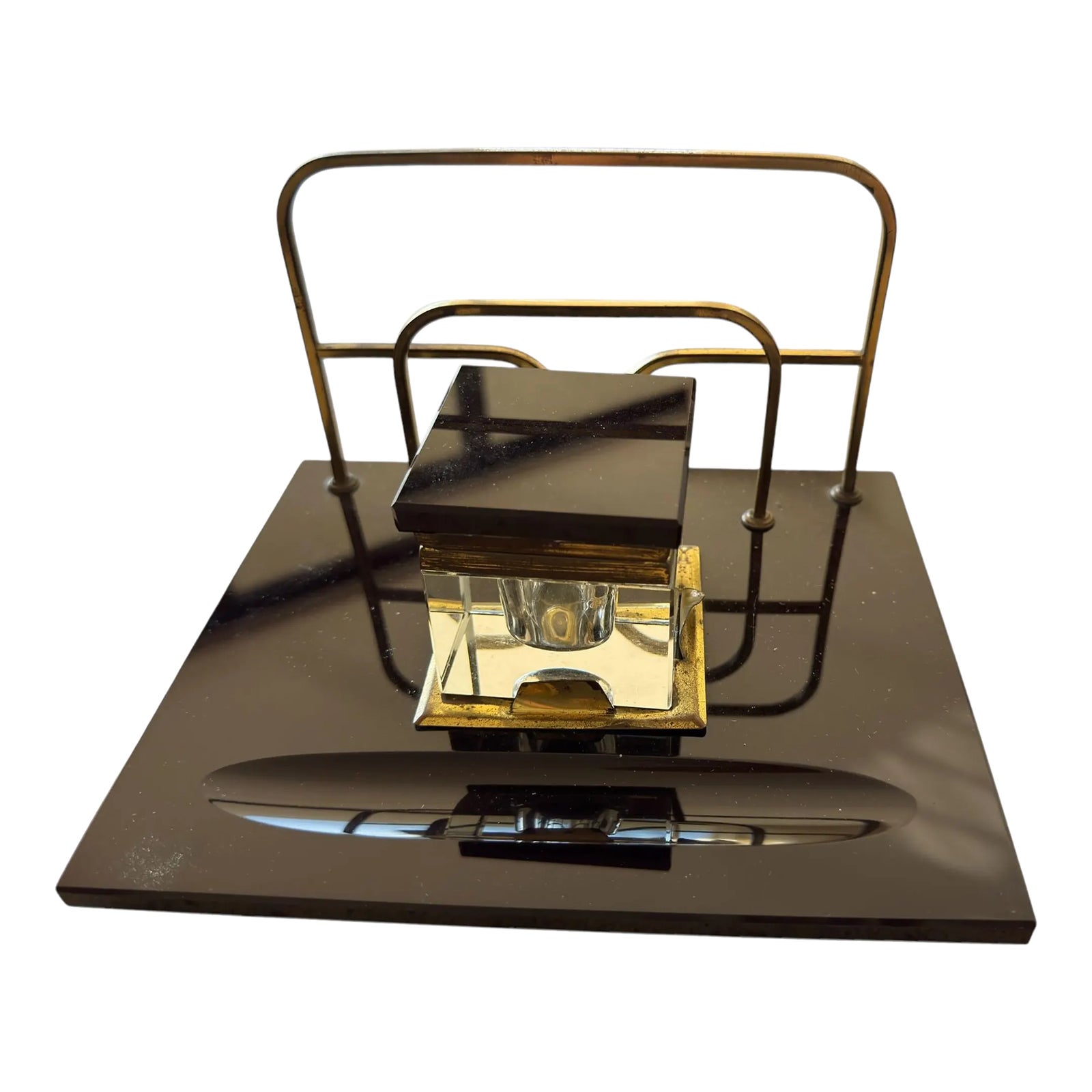 Art Deco Black Glass and Brass Inkwell With Letter Rack Desk Set- Two ...