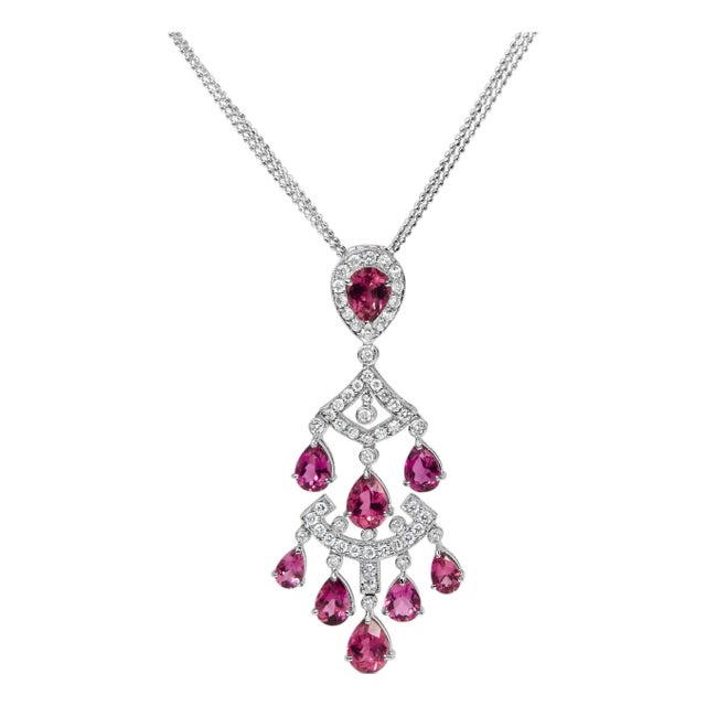 18K White Gold 1 1/10 Cttw Diamond and Pink Tourmaline Double-Strand Art Deco Inspired Chandelier 18" Pendant Necklace For Sale