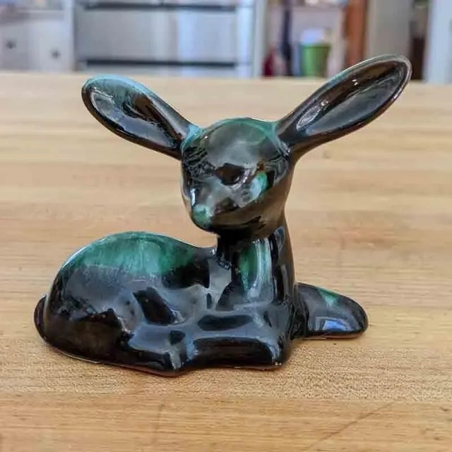 Bottle Green Mid 20th Century Blue Mountain Pottery Drip Glaze Blue, Green & Brown Redware Fawn Figurine For Sale - Image 8 of 12