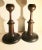 Turned oak candlesticks. Oxidized dark brown color over high style English arts and crafts. Finely crafted on in oak early...