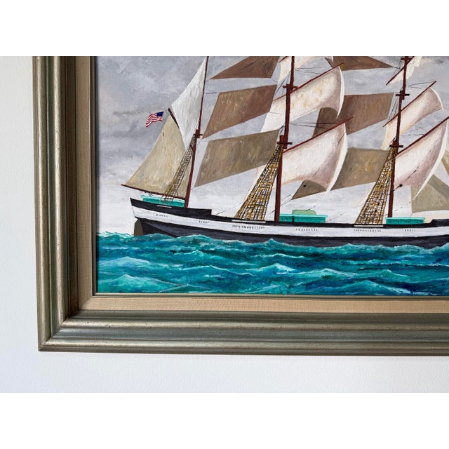 1970's R. Seaman American Tall Ship Ocean Landscape Oil on Board Painting, Framed For Sale - Image 9 of 12