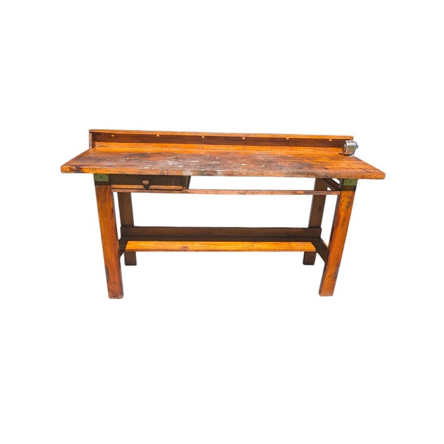 Mid 20th Century Mid-20th Century Industrial Solid Wood Carpenter's Workbench Console Table For Sale - Image 5 of 18