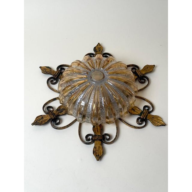 German Gilt Wrought Iron and Textured Glass Flush Mount, 1970s For Sale - Image 6 of 13