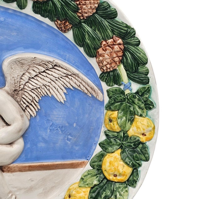 Italian Della Robbia Style Angels Oval Wall Platter 19.5" Glazed Relief Fruit For Sale - Image 4 of 14