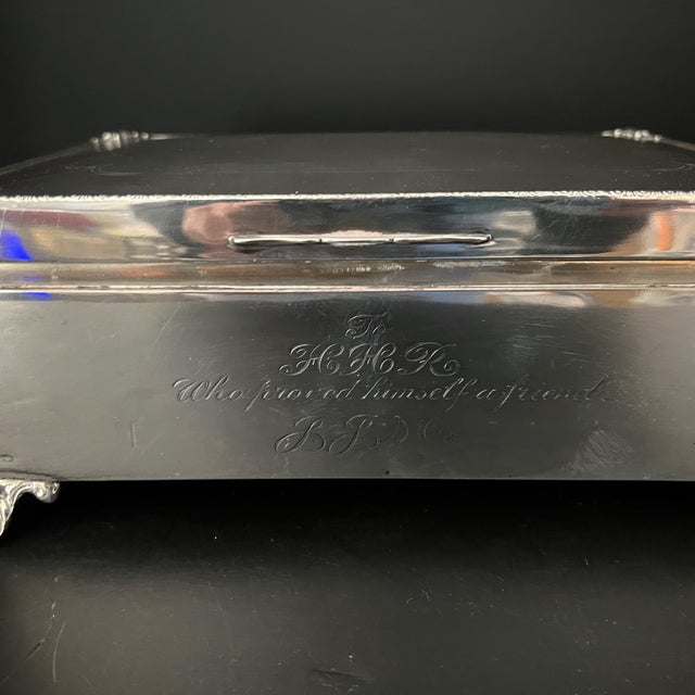Pre-1920s Birmingham silver mounted rectangular presentation cigarette box, with engraved gift message , it has a slightly...