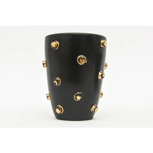 Metal Vintage Italian Alvino Bagni for Bitossi Black Ceramic Bowl and Vase With Gold Plated Studs, 1960's For Sale - Image 7 of 12