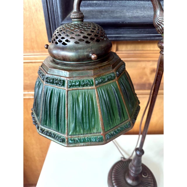 Art Nouveau Rare Green Linenfold Double Student Table Lamp Tiffany Studio For Sale - Image 3 of 18