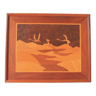 Vintage Framed Inlay Marquetry Picture - Birds Soaring Over a Landscape For Sale