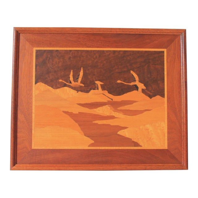Vintage Framed Inlay Marquetry Picture - Birds Soaring Over a Landscape For Sale