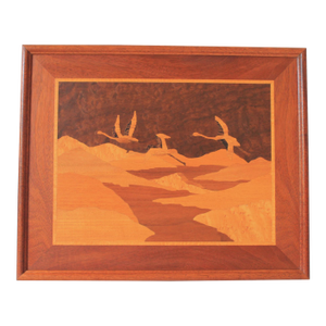 Vintage Framed Inlay Marquetry Picture - Birds Soaring Over a Landscape