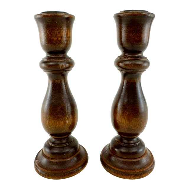 Vintage Mid Century Turned Walnut Wood Candlesticks - A Pair For Sale