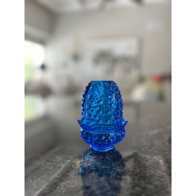 Vintage unsigned Fenton cobalt blue glass votive candle holder. The fairy lamp measures: 4 1/2" x 3"
