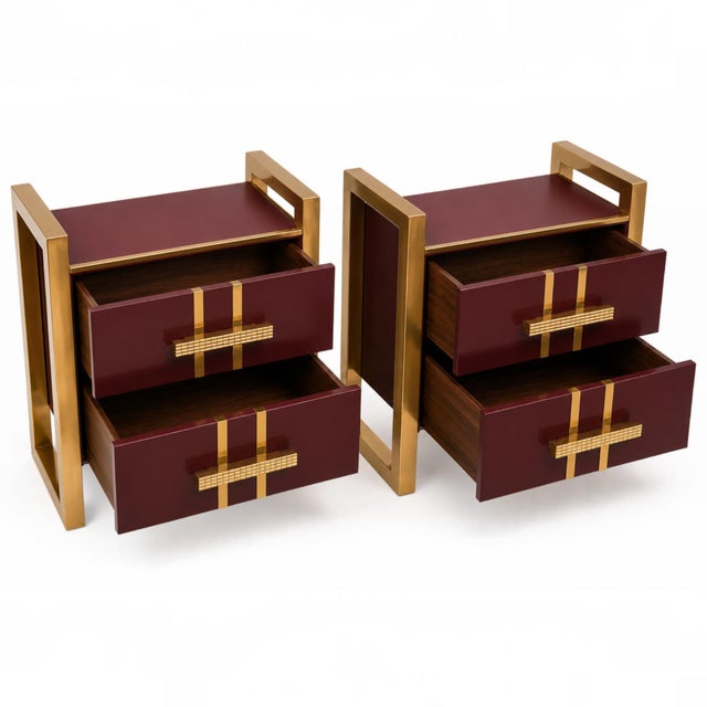 Contemporary Italian Brass and Burgundy Glass Bedside Tables from Justfurnituress SRL, Set of 2 For Sale - Image 3 of 10