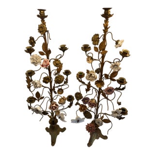 Antique 19th Century Impressive Ornate French Victorian Gold Gilt Floral Altar Lamp - Candelabra Pair For Sale