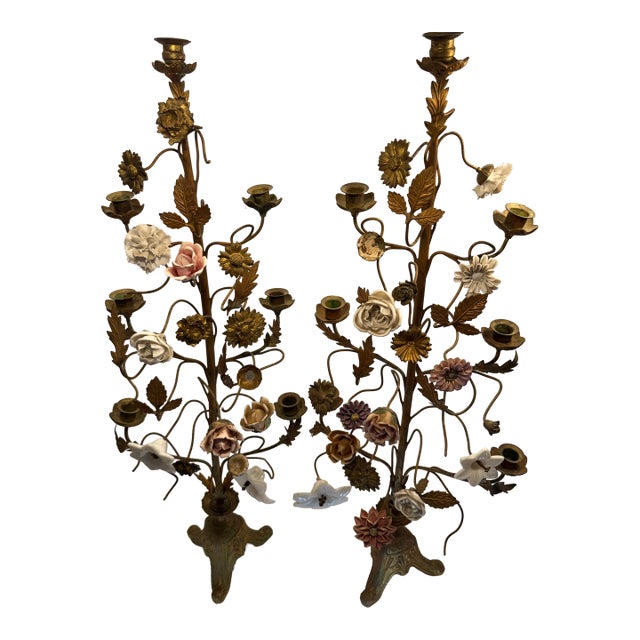 Antique 19th Century Impressive Ornate French Victorian Gold Gilt Floral Altar Lamp - Candelabra Pair For Sale