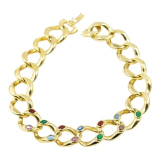 Wide Chain Link Gold Tone with Colored Crystal Necklace For Sale