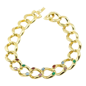 Wide Chain Link Gold Tone with Colored Crystal Necklace