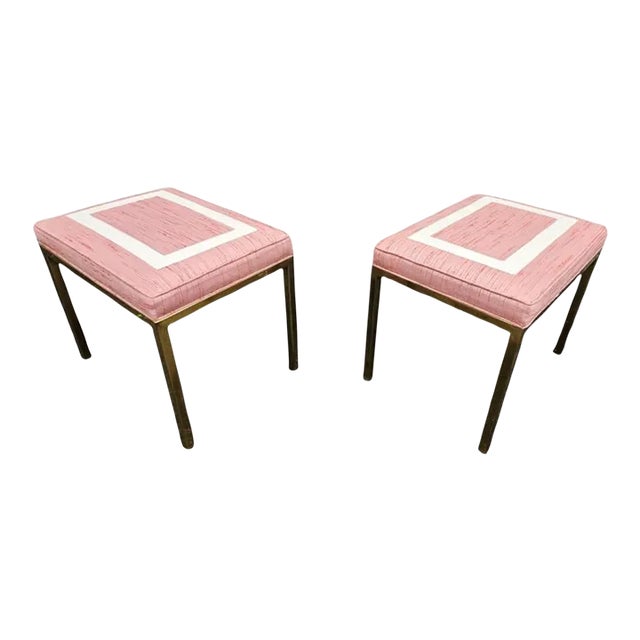 Pair Mastercraft Contemporary Brass and Upholstered Benches Footstools For Sale