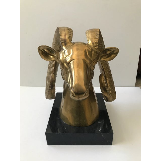 Mid-Century Modern Brass Ram's Head With Marble Base For Sale - Image 3 of 5