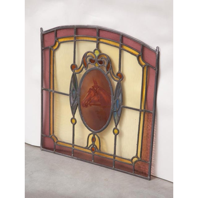 Art Deco Stained Glass Window Panel with Hand-Painted Horse Medallion, 1920 For Sale - Image 6 of 8