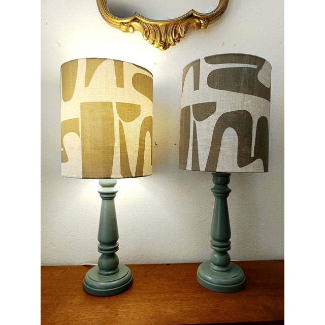 1980s Vintage Wooden Lamps with Modern Lampshades, 1980s, Set of 2 For Sale - Image 5 of 11