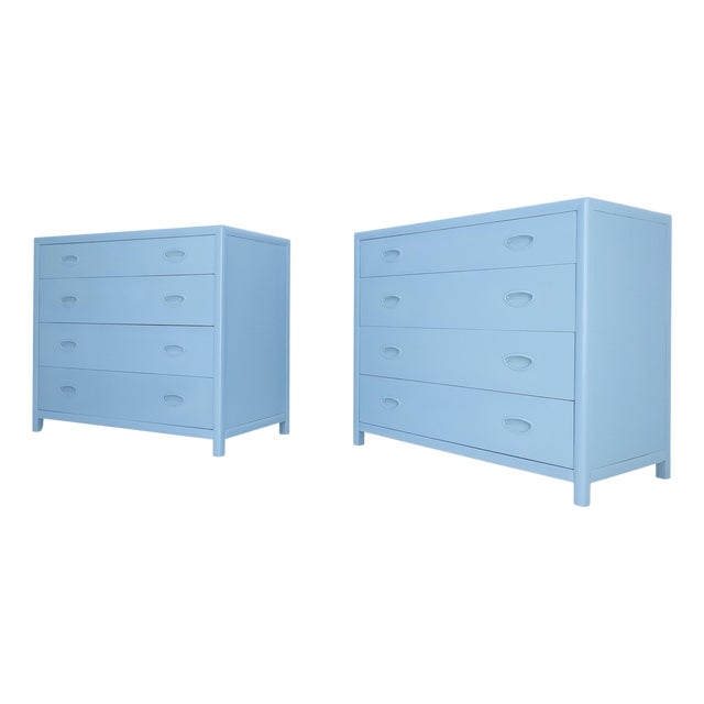 Pair Michael Taylor For Baker Light Grey Blue 4 Drawer Dressers Bachelor Chests For Sale